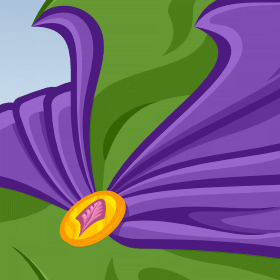 Preview for PotLuck, Image 001. A voluminous fluttering purple cloak lined in emerald green, with a large popped collar and a golden oval clasp set with a pink gem carved into the shape of an abstract feather.