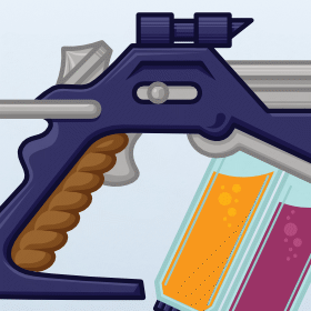 Preview for PotLuck, Image 002. A futuristic stubby pistol and a longer rifle of a similar design, crafted from a grey metal and a blue alloy. Both use clear vials of a crimson gel and a golden liquid as their ammunition and its payload. Two replacement vials stand upright nearby.