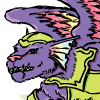 Preview for Vol Garn, Image 001. A being with a plush coat of vibrant purple fur, turquoise eyes, ivory teeth and claws, and wings with iridescent feathers that range in color from salmon pink to lemon yellow to turquoise blue. A bright pink nose tops his cat-like muzzle, and the insides of his large, fan-shaped, scalloped ears repeat all the colors in his feathers
