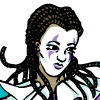 Preview for Puppetiste, Image 001. A clown in corn rows and white makeup, wearing an elegant white confection of an outfit with aquamarine and violet highlights.