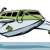 Preview for Hijack, Image 001. A green and white sea plane decorated with a cartoon iguana, flying just over the waves.