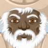 Preview for Korobokuru, Image 001. An older, white-bearded, human-like person with bark-brown skin and copper-brown eyes, sitting cross-legged at a low honey-hued wooden writing bench, holding a long quill in his right hand. He wears a tan conical hat with an upturned brim, a long tan and white coat with silver epaulets that spreads out behind him, a vest with ornate blue closures, and silver pectoral set with semi-precious blue stones.