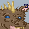 Preview for Lutins, Image 003. An upright creature in brown fur resembling some sort of fox or hyena with a row of ivory spikes across the top of its head, cobalt-blue eyes, and sharp ivory teeth and claws. It wears an ear ring, armor on the right shoulder, a bracelet, and a right shin guard —all of which seem to be made out of blue-black bubbles with the occasional face coming through. The creature points a wide-barreled gun, constructed in a similar manner, which resembles a cross between a warthog and a spiny fish.