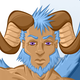Preview for Wild Things, Image 001. A creature with the brown upper body and head of a blue-haired man, ram’s horns, the blue-furred legs of a goat, and bat-like wings edged in blue feathers. He grips an elaborate silver staff.