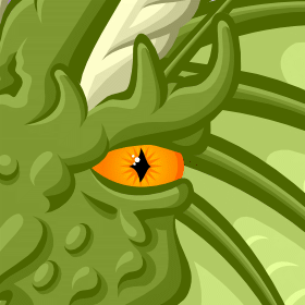 Preview for Wild Things, Image 003. An elongated, green reptilian face with frills, violet feathers, ivory spikes, a pair of curved-back horns, golden eyes, and a forked pink tongue.