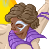 Preview for Nyomi Witu, Image 001. A leaping woman in tan clothes with violet trim, bearing a white desging around her eye, with a transluscent sword floating above her head.