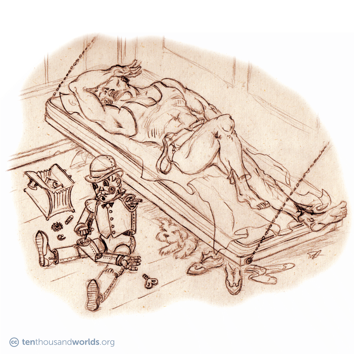 A pencil sketch of a little clockwork man, complete with bowler hat and curled mustache, who sits on the floor amid gears and tools, working on his detached left arm, which he cradles in his lap. Above him, a human sleeps on a cot. Beneath the cot, amid the human’s socks and shoes, a little dog peaks out at the automaton.