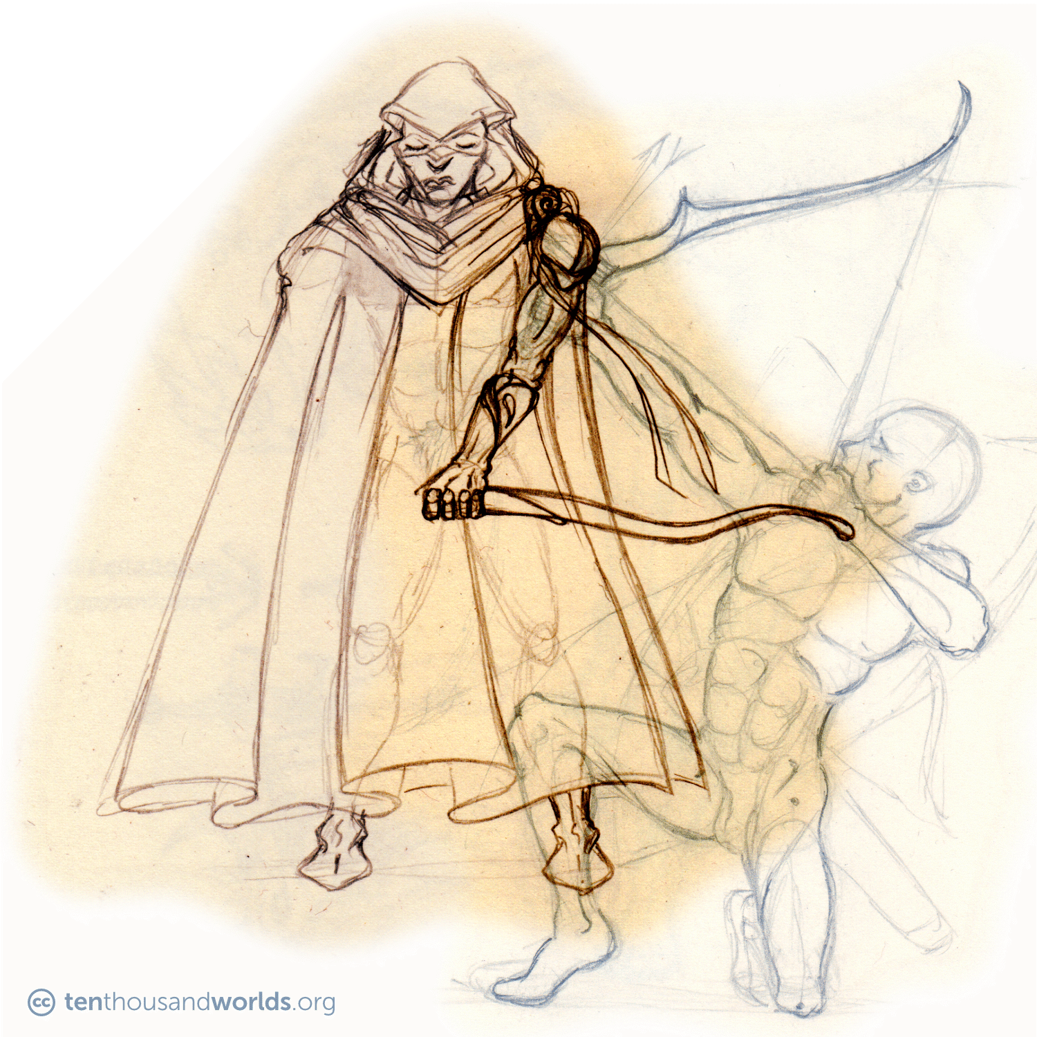 Two overlapping pencil sketches of an archer. In one, the figure is in a full cloak, with one arm free, holding a bow. In another, the figure is on one knee, pulling back a bow.