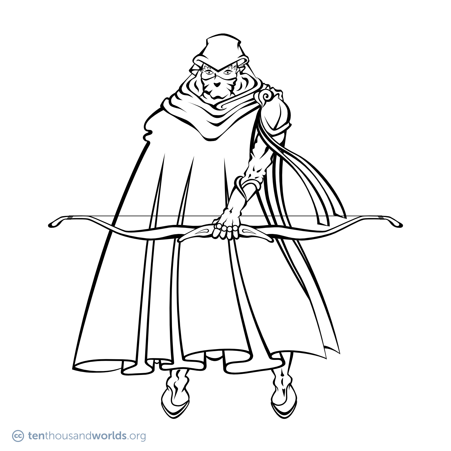 An ink drawing of an almost fully-cloaked figure, with one arm free, holding a bow.