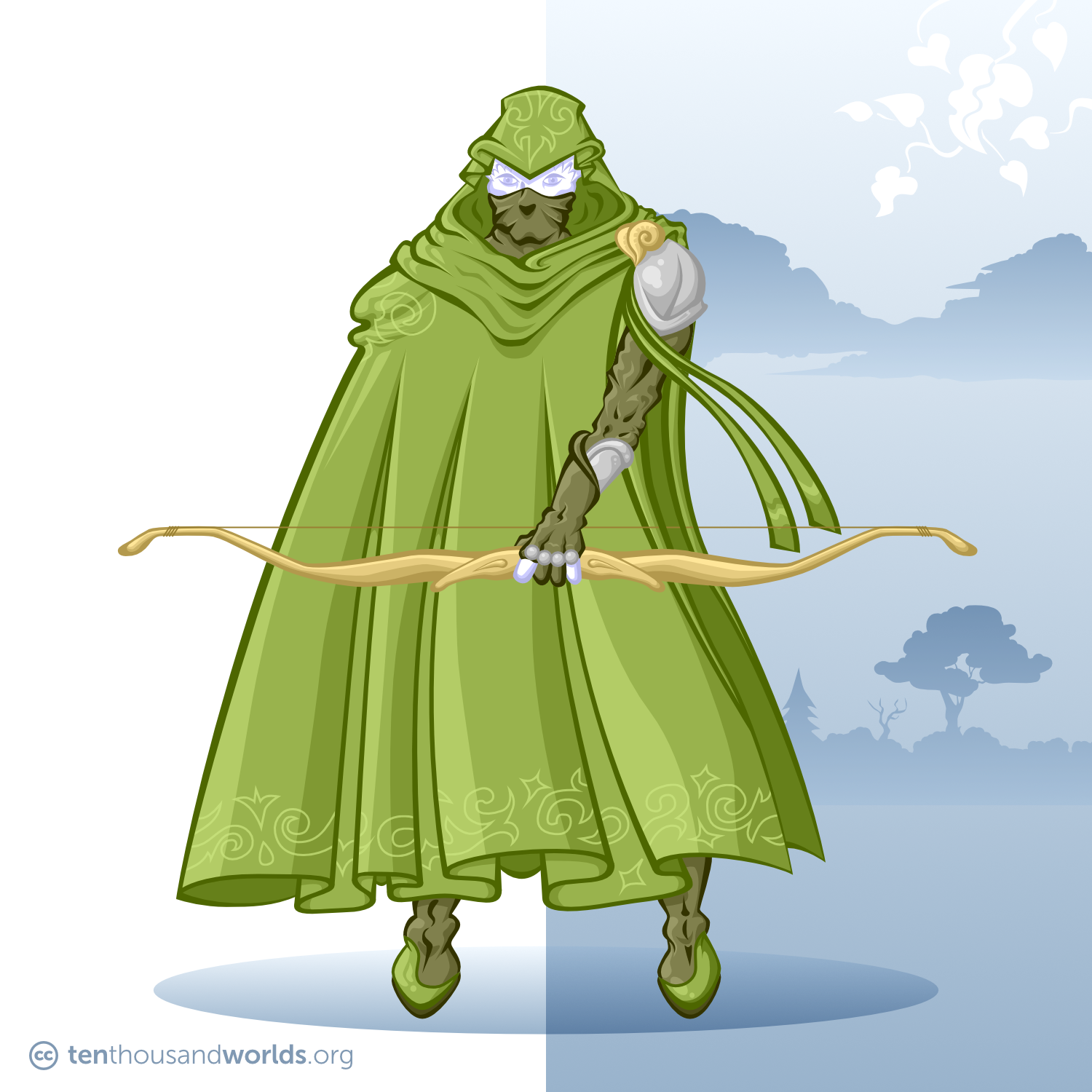 A figure in green, almost fully-cloaked, with one arm free, holding a bow. The cloak is embroidered in leaf and vine designs. What little we see of the archer’s skin is an inhuman, frosty white.