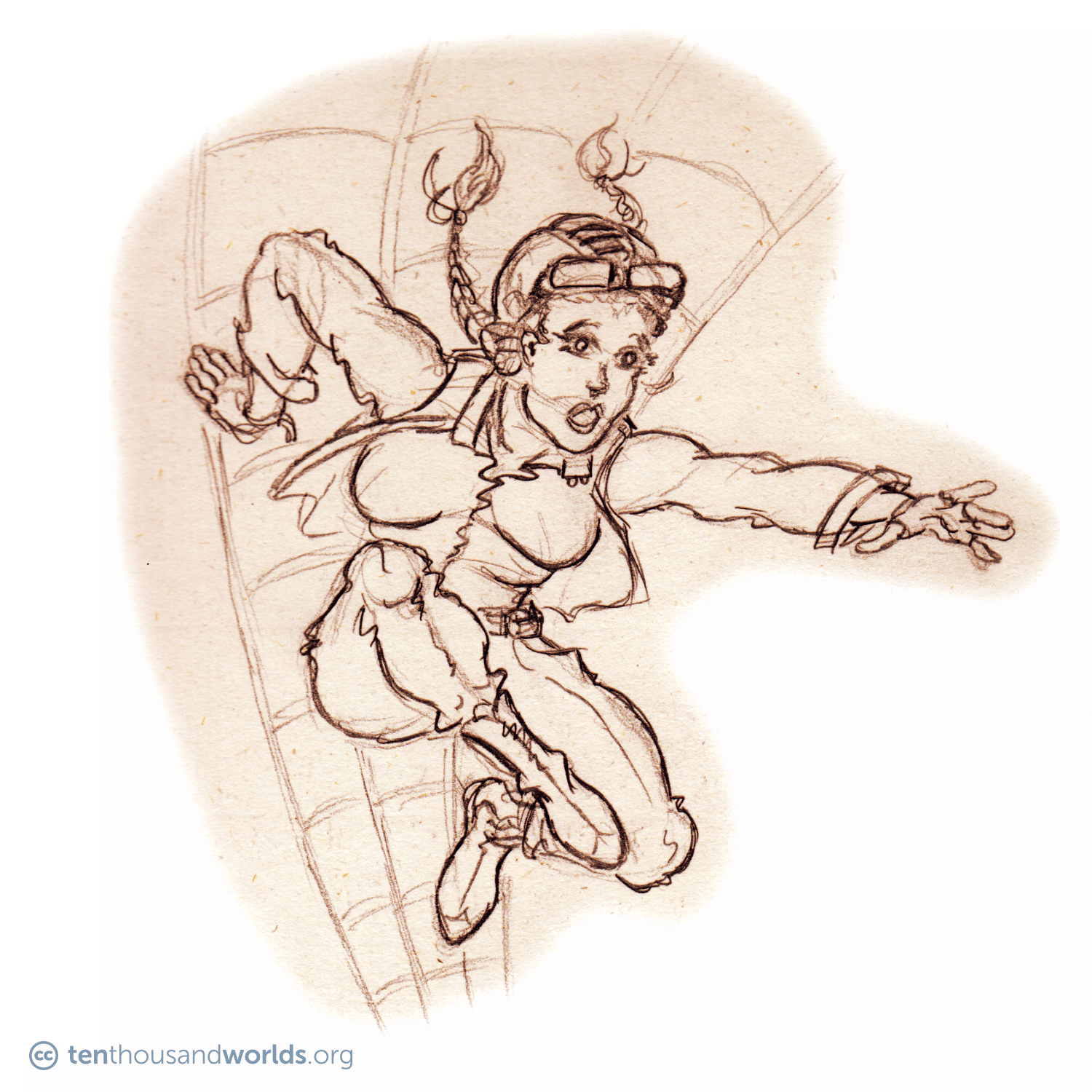 A pencil sketch of a woman in coveralls, a vest, lace-up boots, leather cap and goggles, leaping into the air from some sort of ship’s rigging, her braids flying behind her.