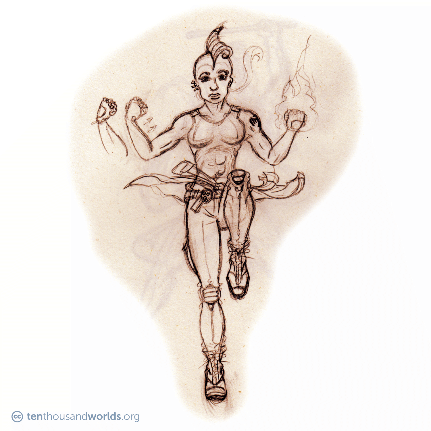 A pencil sketch of a strong, athletic young woman landing from a jump, on one foot; She wears heavy boots, military-style pants with padded knees, a shirt wrapped around her waist, an athletic t-shirt, and biker gloves; She sports a Mohawk that curls in the front, multiple earrings, and a German eagle shoulder tattoo.