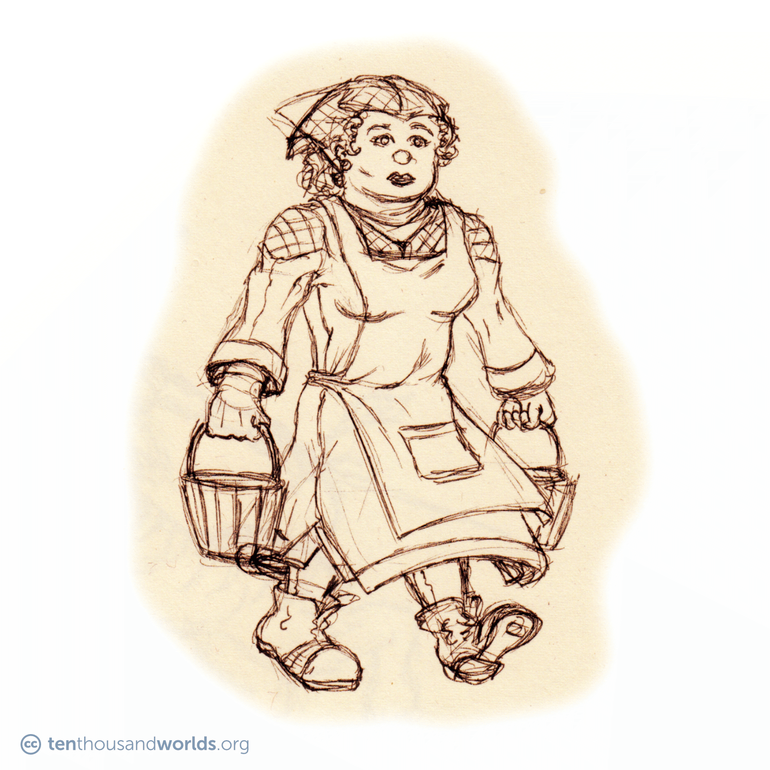 A pencil sketch of a solidly-built farm woman in a neckerchief, multilayered dress, apron, and poorly-repaired boots, hauling two wooden buckets.