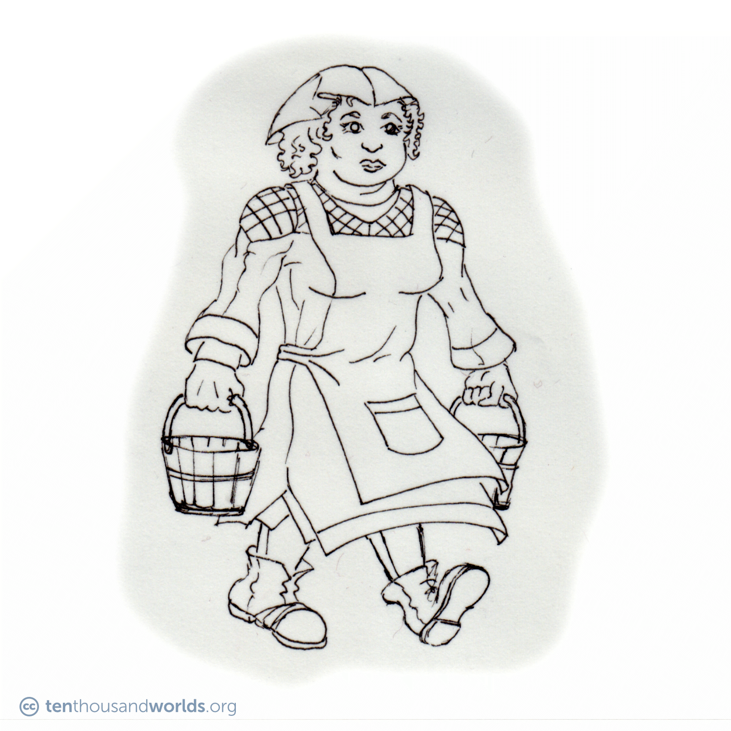 An ink outline of a solidly-built farm woman in a neckerchief, multilayered dress, apron, and poorly-repaired boots, hauling two wooden buckets.