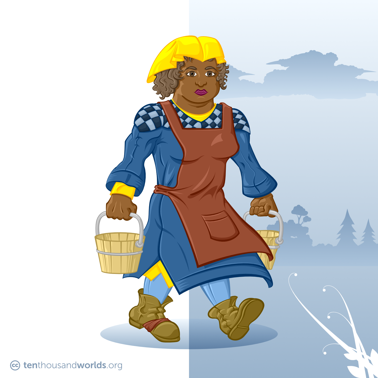 A solidly-built farm woman with cinnamon skin and dark curls, in a yellow neckerchief, multilayered blue and yellow dress, faded red apron, and poorly-repaired tan boots, hauling two wooden buckets.