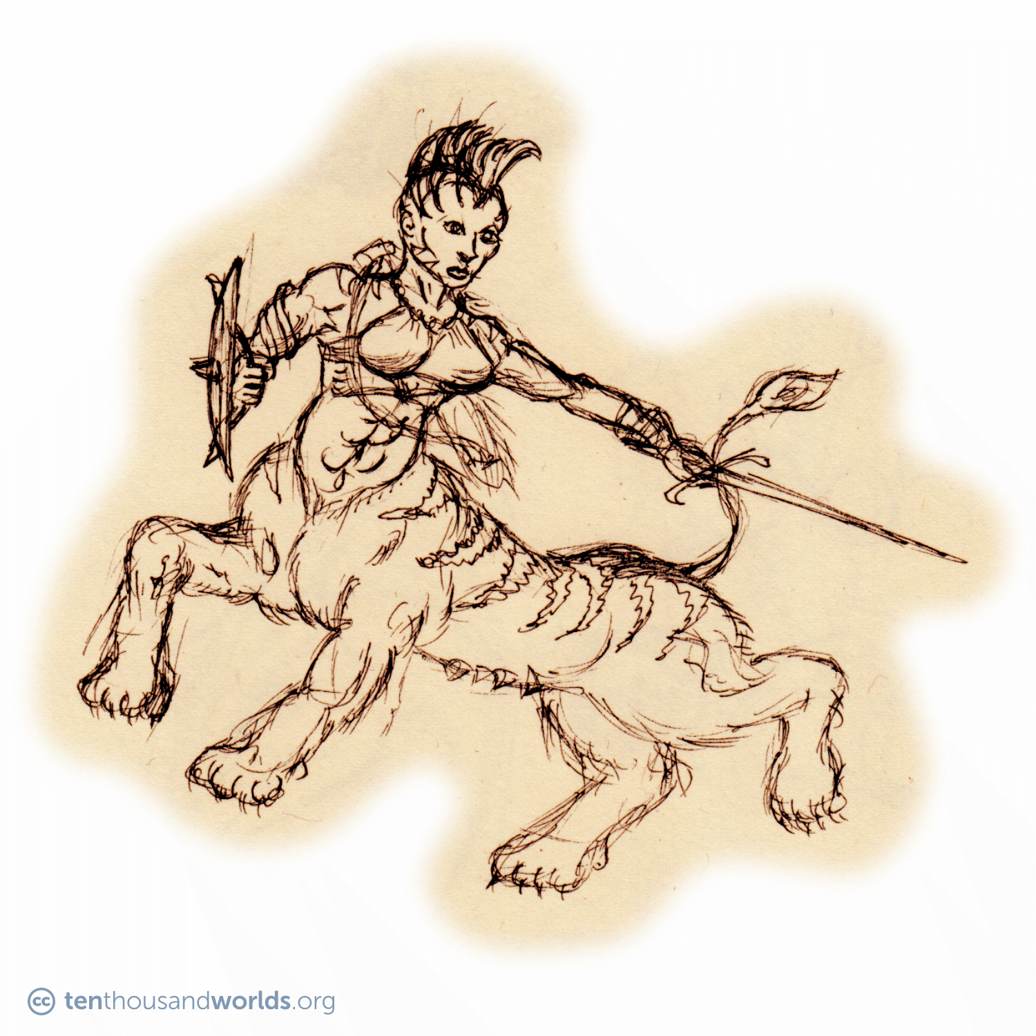 A pencil sketch of a human-tiger centaur-like chimera. The human part sports a “mohawk” hair-style, and tiger stripes appear along her exposed scalp and jawline. She holds a sword and a round shield in her human arms.