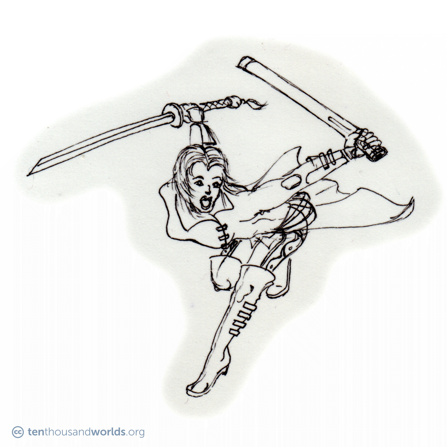 An ink outline of a woman wielding a katana-like sword in one hand while using its sheath to parry with the other. She wears a long leather coat, leather bracers, overlapping belts, and tall boots with multiple buckles. Her short hair waves about wildly.