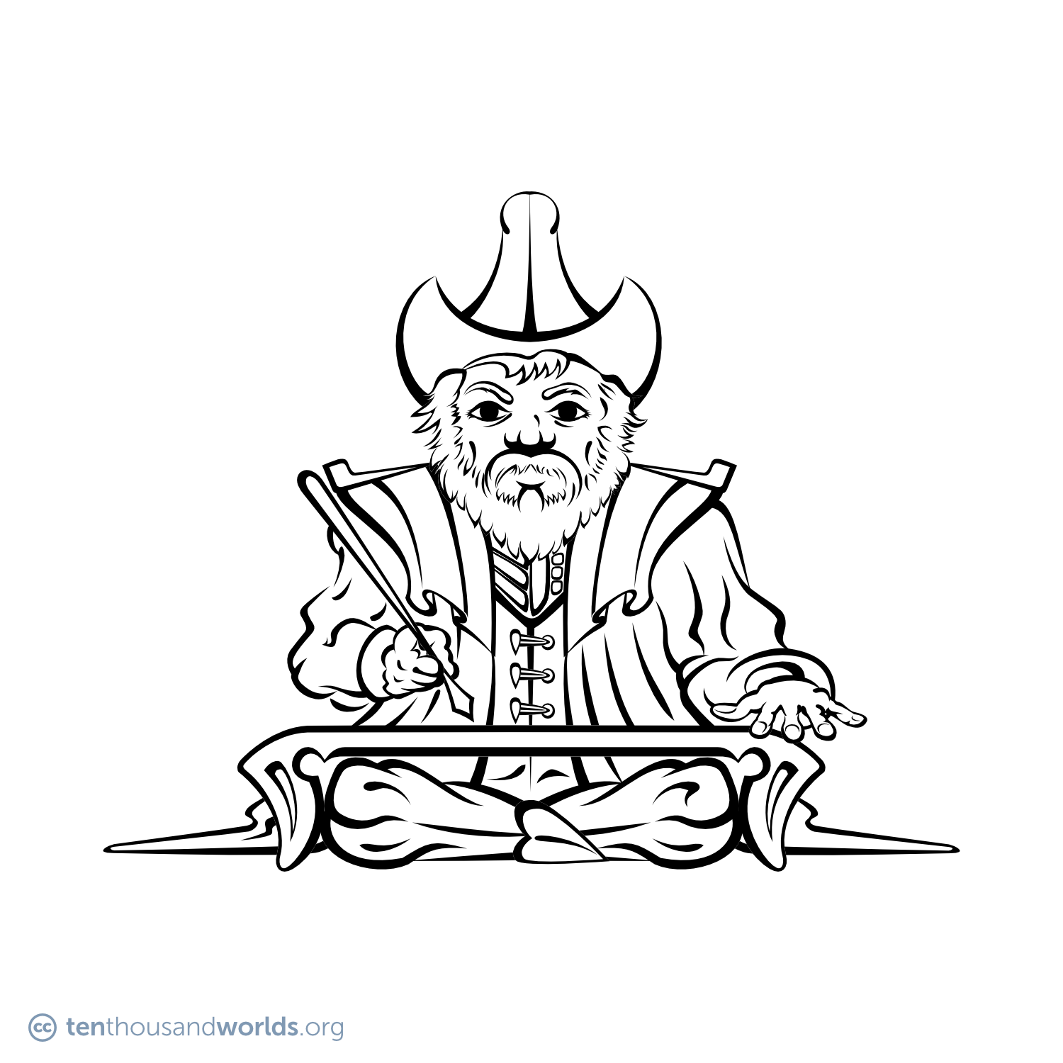 An ink outline of an older, bearded, human-like person sitting cross-legged at a low writing bench, holding a long quill in his right hand. He wears a conical hat with an upturned brim, a long coat that spreads out behind him, a vest with ornate closures, and pectoral set with semi-precious stones.