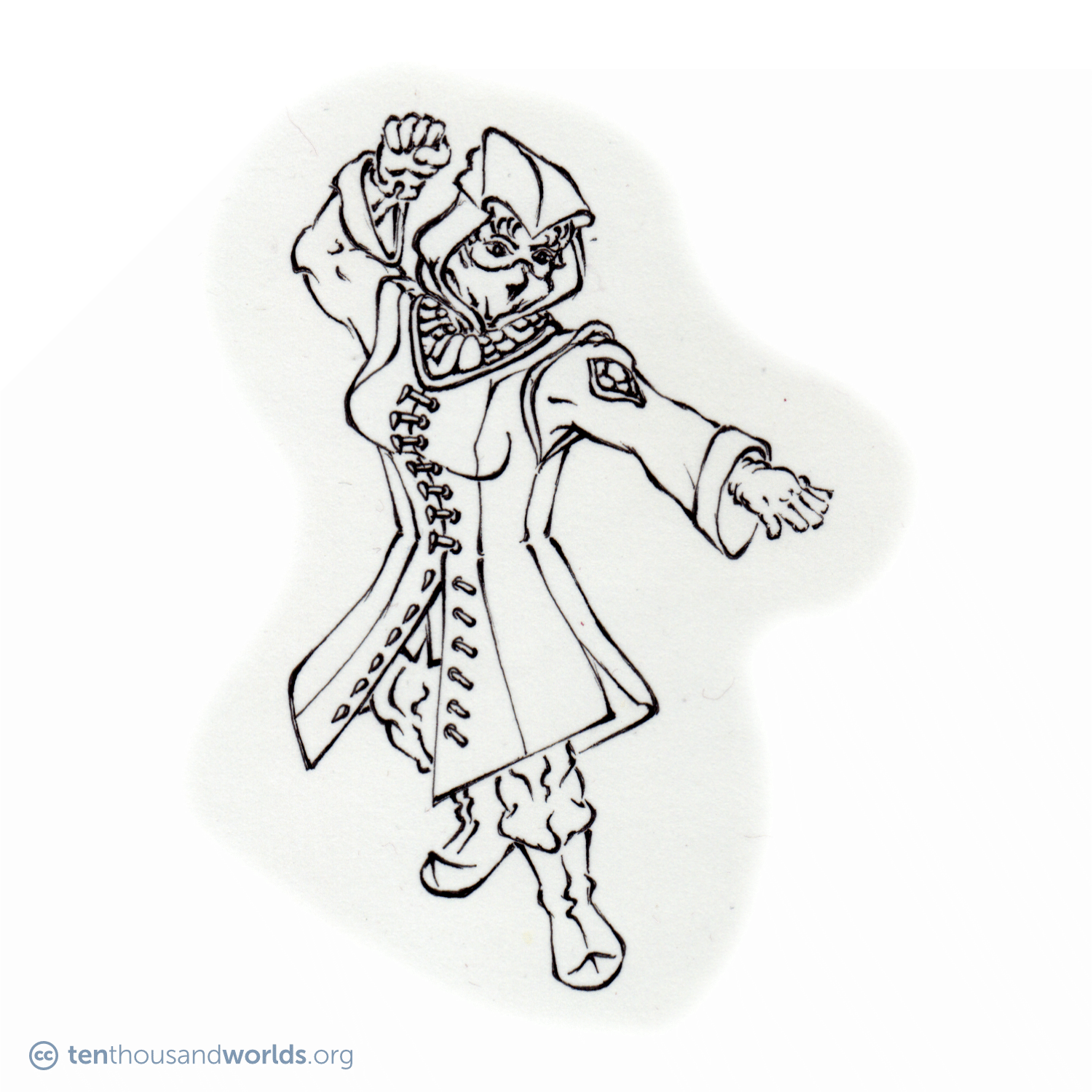 An ink outline of a woman-like being in a long sleeveless coat, hood, veil, baggy sleeves and trousers, sporting boots with upturned, pointed toes. She wears an ornamental pectoral and a badge on her left shoulder, both made from semi-precious stones. She strikes a martial arts stance.