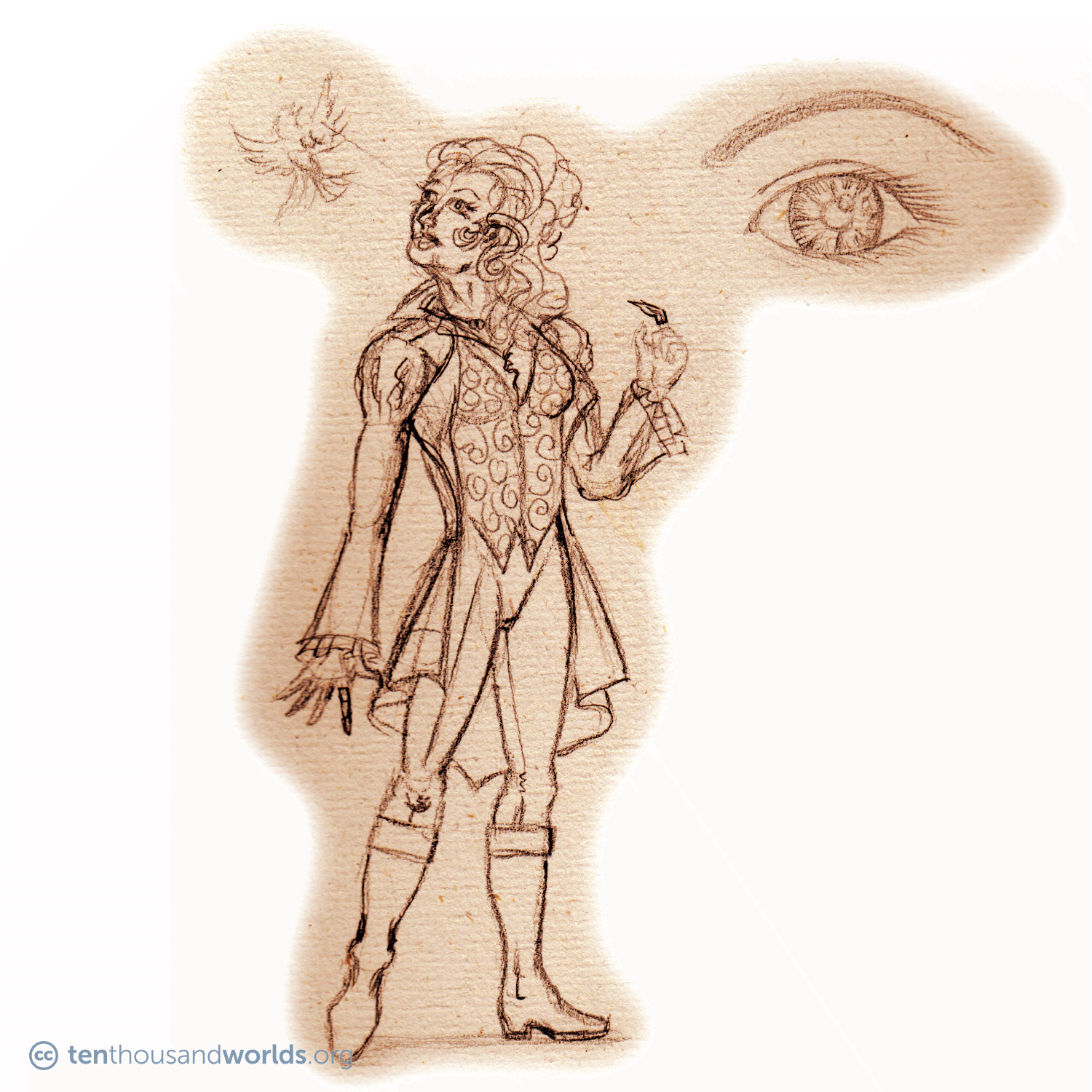 A pencil sketch of a woman dressed in romantic, traditionally male-inspired clothing: riding boots, trousers, a heavily-embroidered waistcoat, plus a frock coat with puffy shoulders and traditionally feminine details. Her left index finger is sheathed in a metal claw. Light projects from her synthetic eyes to form the hologram of a bird in flight. Nearby, a close-up of her right eye highlights its mechanical details.
