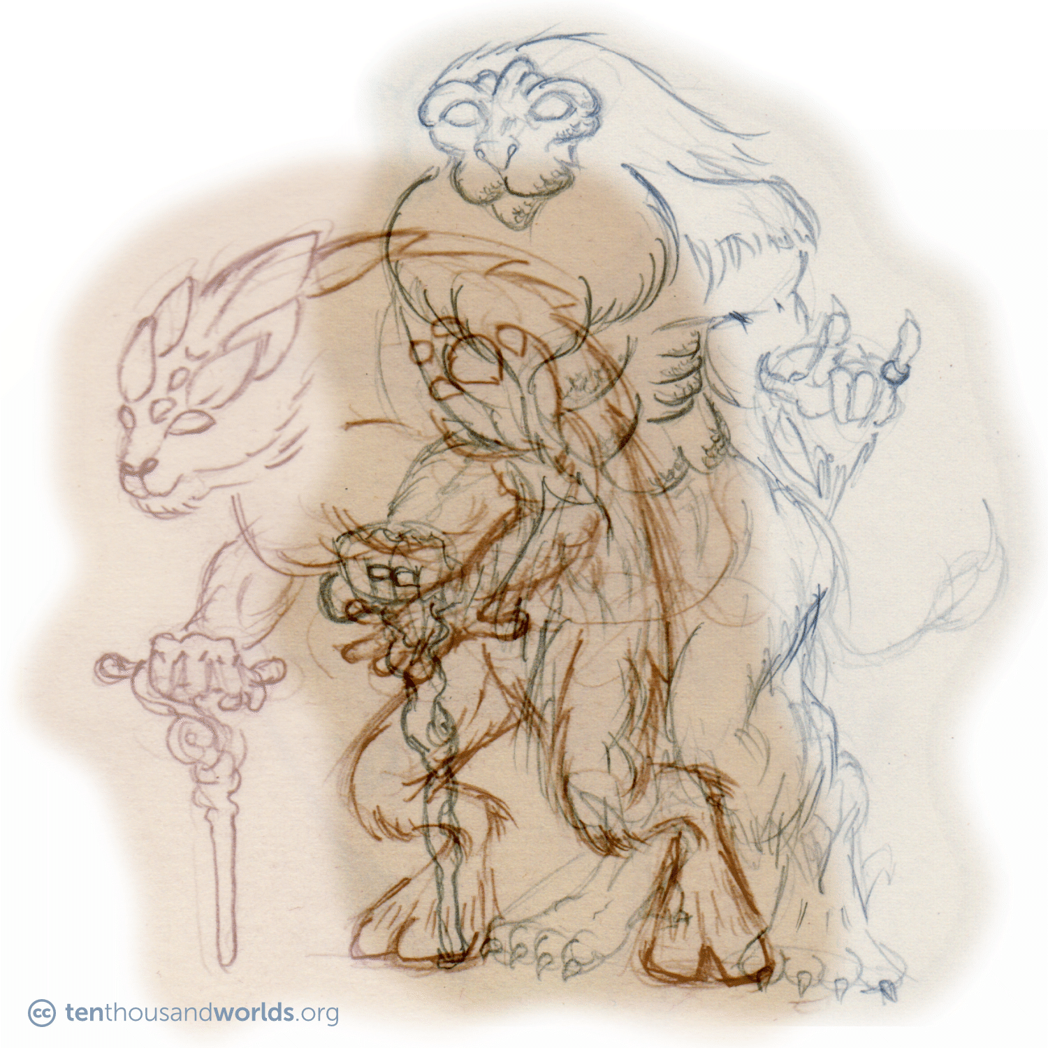 A pair of overlapping pencil sketches of a furry, humanoid being leaning on a gnarled staff. In one, the face has an almost feline muzzle; In an other, the face goes more simian. Experiments with armored plates, tails, hooves versus paws, and numbers of fingers are found throughout the sketches.