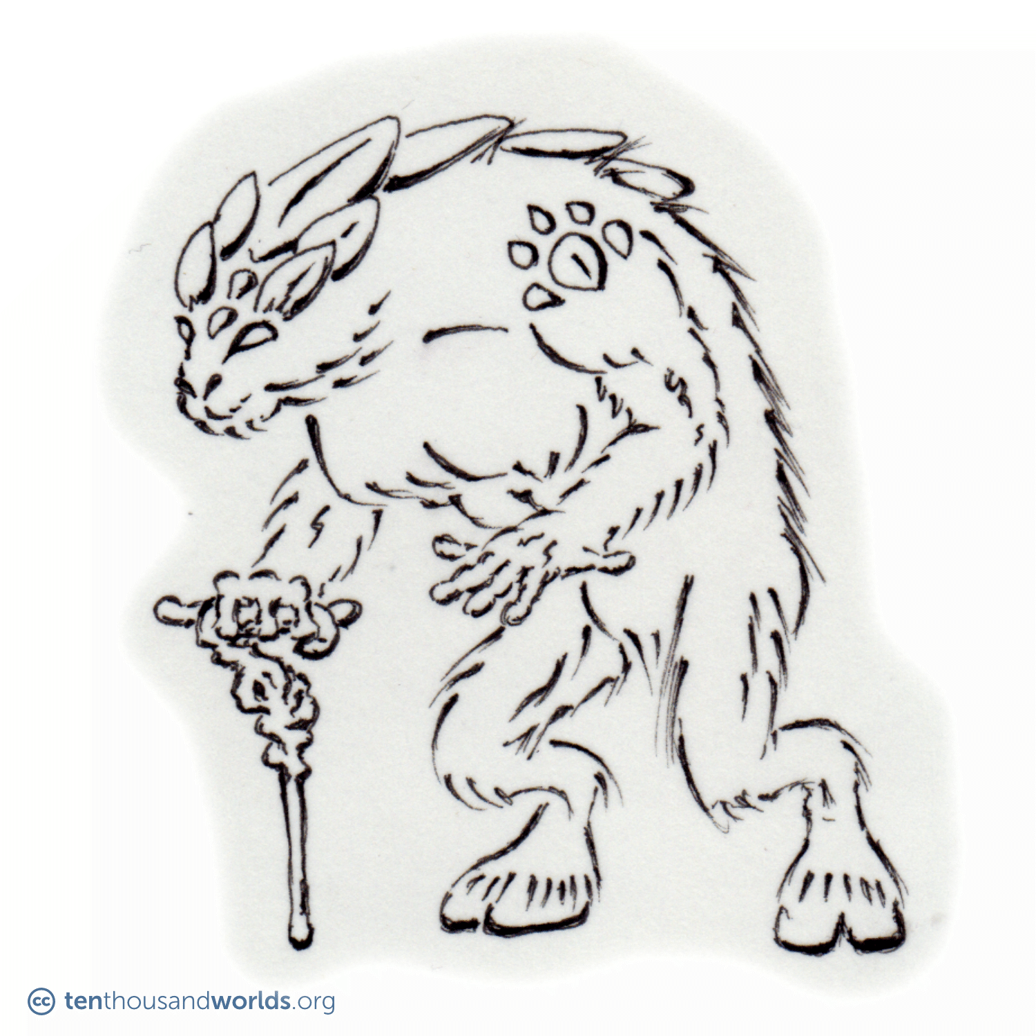 An ink outline of a furry humanoid being standing on cloven hooves and leaning on a gnarled staff, with three fingers and two thumbs on each hand, a heavy chest, bowed back, and an almost feline face. Armored plates protect the head, upper back, and shoulders.