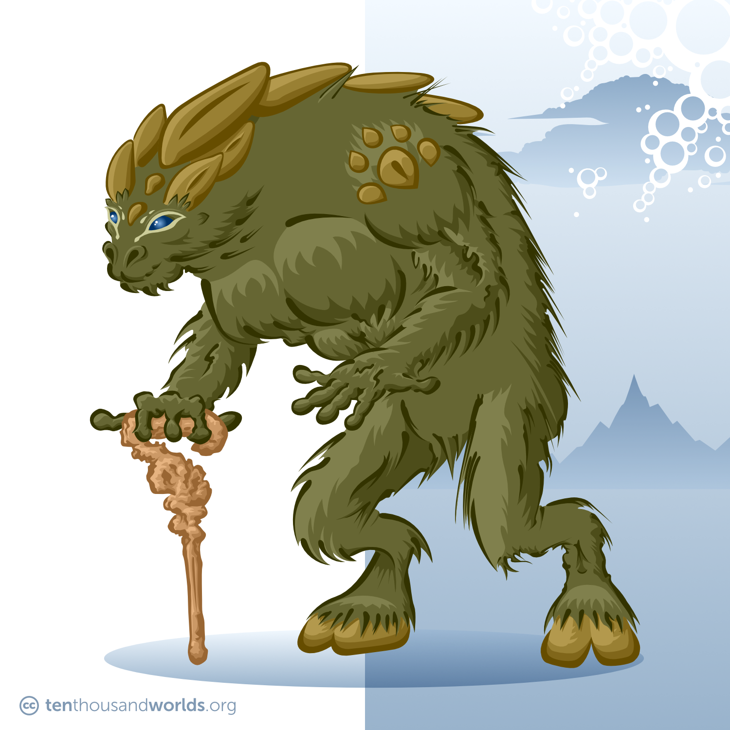 A furry, mossy-green humanoid being standing on pale brown cloven hooves and leaning on a gnarled wooden staff, with three fingers and two thumbs on each hand, a heavy chest, bowed back, and an almost feline face. Sandy-colored armored plates protect the head, upper back, and shoulders. Electric green facial markings highlight solid cobalt-blue eyes.