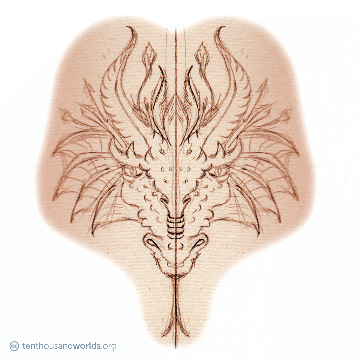 A pencil sketch of the head of a dragon, with back-swept curved horns, frills, feathers, and a forked tongue.
