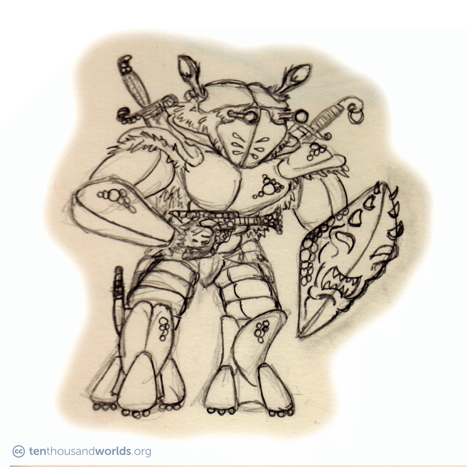 A pencil sketch of a squat, upright creature whose fur, twin eye-stalks, and pivoting spade-shaped ears poke out from between the plates of a crab-like suit of armor with a bubble texture. It carries a shield carved to resemble a screaming face, and bears multiple swords, a knife, and a pistol made from the same material as the armor.