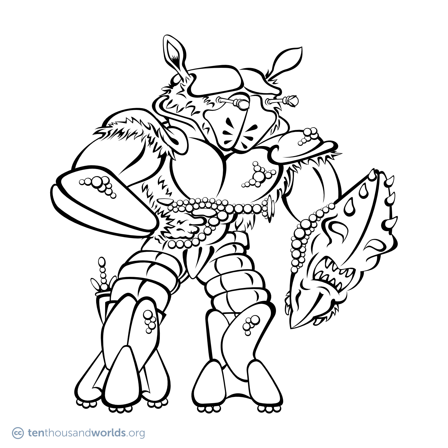 An ink outline of a squat, upright creature whose fur, twin eye-stalks, and pivoting spade-shaped ears poke out from between the plates of a crab-like suit of armor with a bubble texture. It carries a shield carved to resemble a screaming face, a boot-knife, and a pistol made from the same material as the armor.