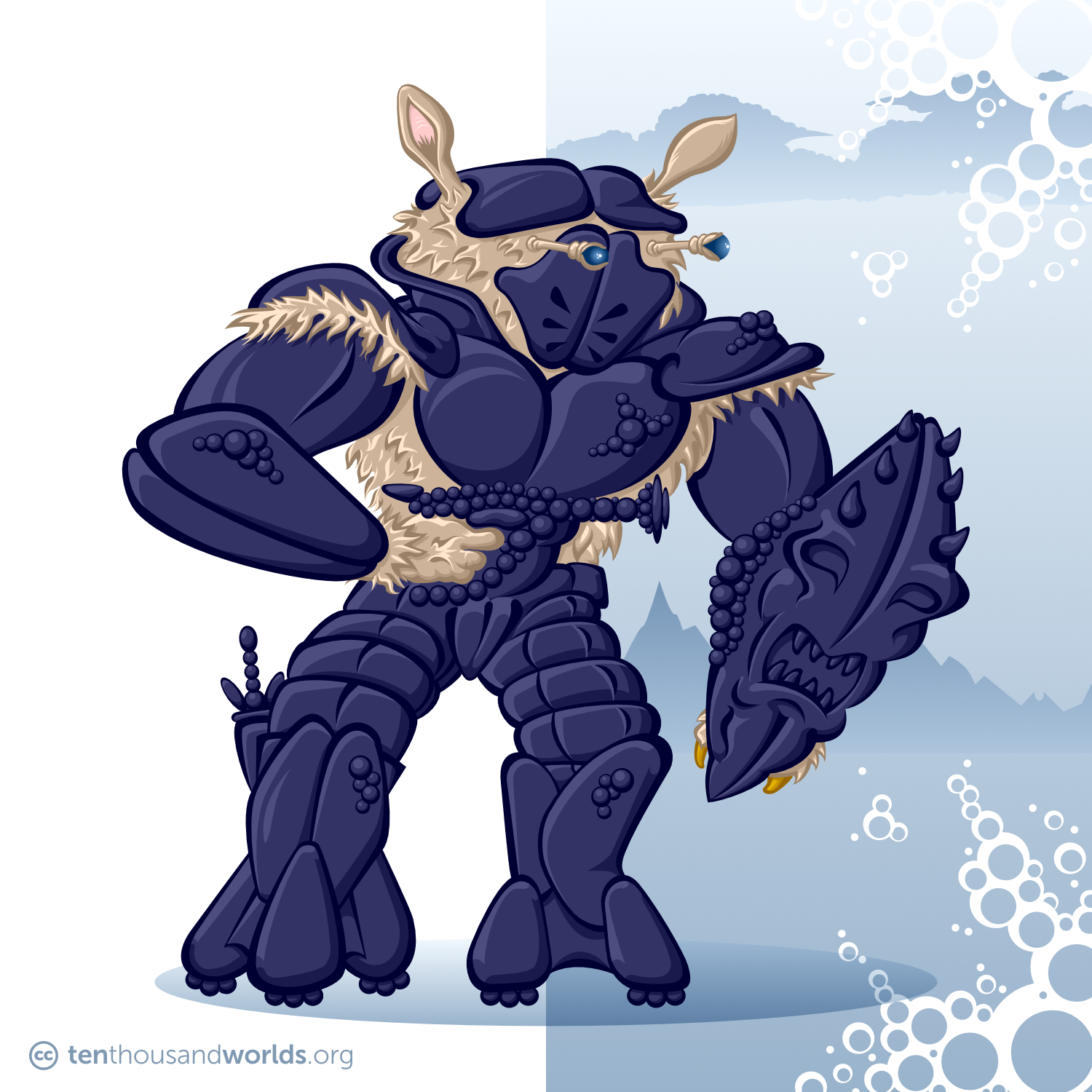 A squat, upright creature whose tan fur, twin eye-stalks, and pivoting spade-shaped ears poke out from between the plates of a blue-black crab-like suit of armor with a bubble texture. It carries a shield carved to resemble a screaming face, a boot-knife, and a pistol made from the same material as the armor.