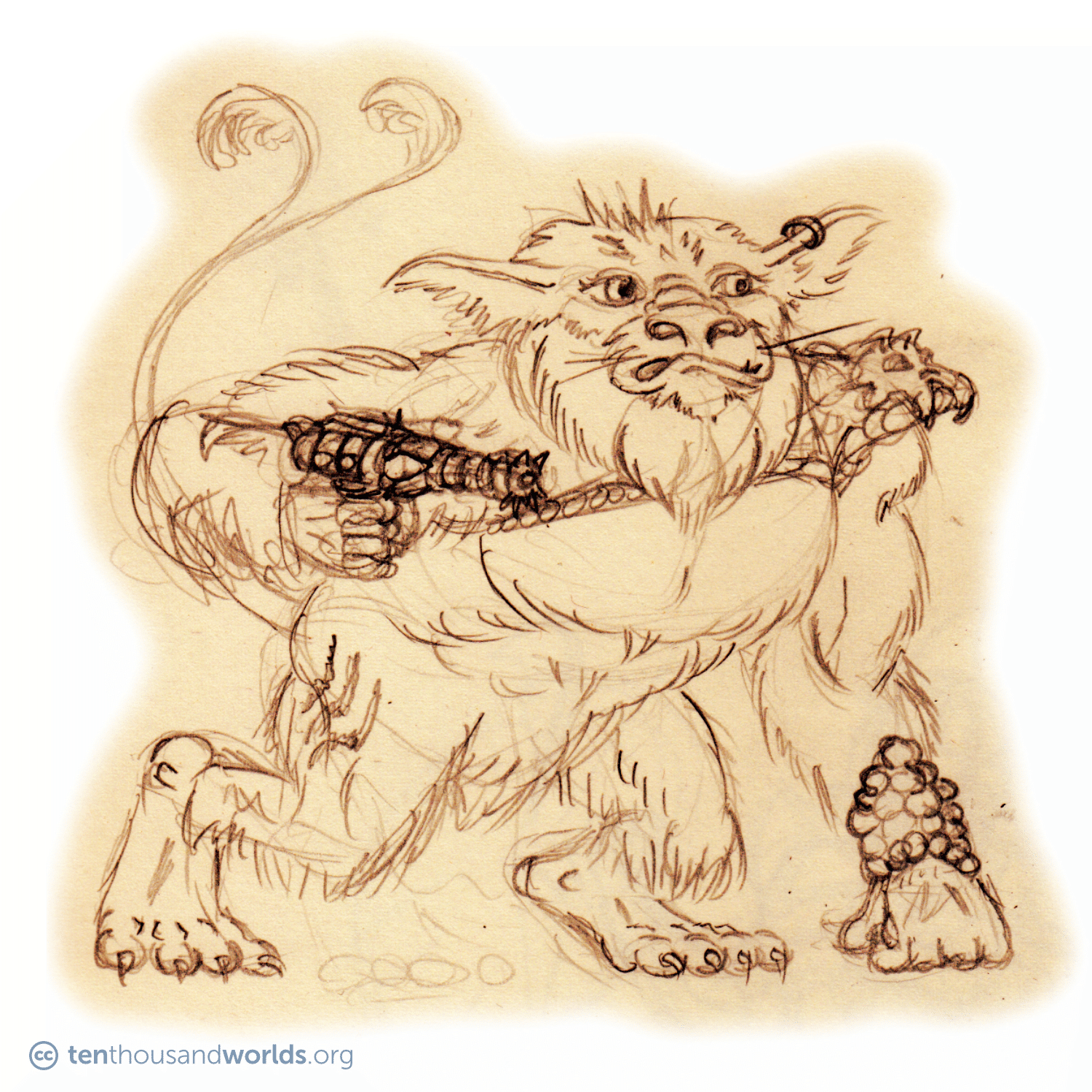 A pencil sketch of a fuzzy, ape-like creature in a knuckle-walking stance, with a leonine face, large pointed ears, and a long whip-like tail that splits into two puffs of fur. The creature wears an ear ring, shoulder armor, left forearm cuff, and holds and exotic pistol.