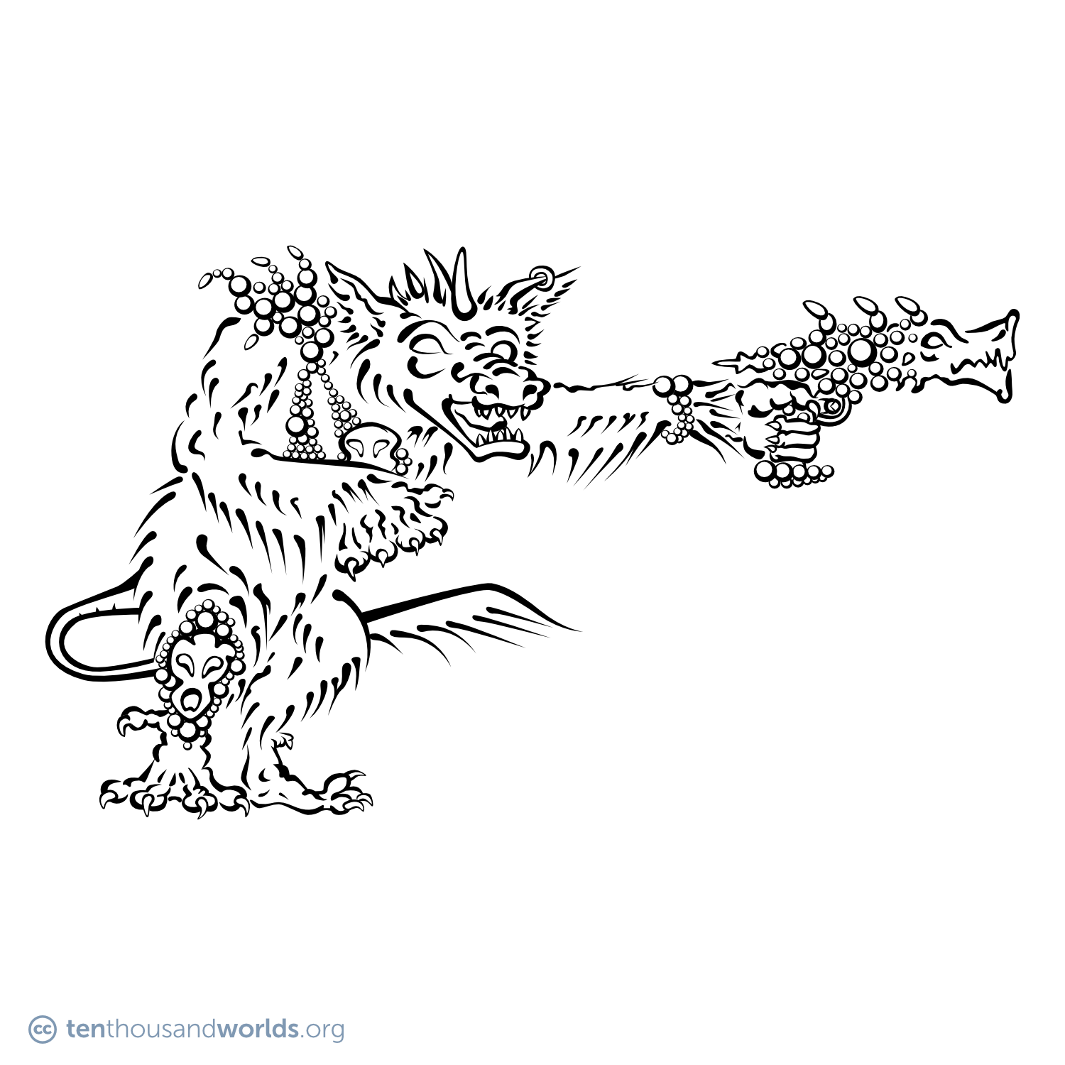 An ink outline of an upright furry creature resembling some sort of fox or hyena with a row of spikes across the top of its head. It wears an ear ring, armor on the right shoulder, a bracelet, and a right shin guard —all of which seem to be made out of bubbles with the occasional face coming through. The creature points a wide-barreled gun, constructed in a similar manner, which resembles a cross between a warthog and a spiny fish.