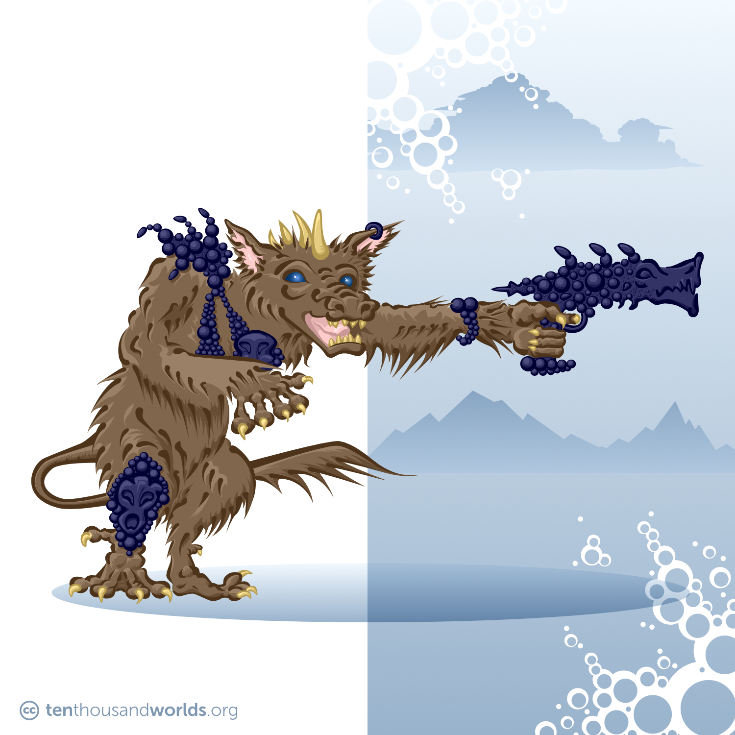 An upright creature in brown fur resembling some sort of fox or hyena with a row of ivory spikes across the top of its head, cobalt-blue eyes, and sharp ivory teeth and claws. It wears an ear ring, armor on the right shoulder, a bracelet, and a right shin guard —all of which seem to be made out of blue-black bubbles with the occasional face coming through. The creature points a wide-barreled gun, constructed in a similar manner, which resembles a cross between a warthog and a spiny fish.