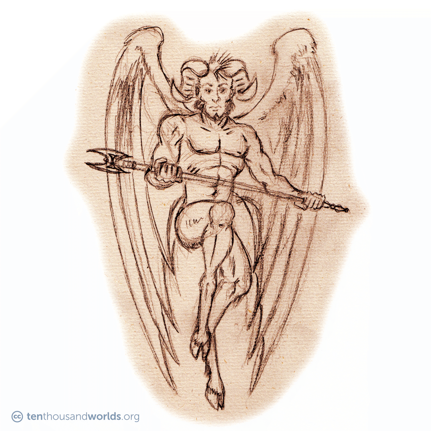 A pencil sketch of a creature with the upper body and head of a man, ram’s horns, the legs of a goat, and bat-like wings edged in feathers. He grips an elaborate staff.