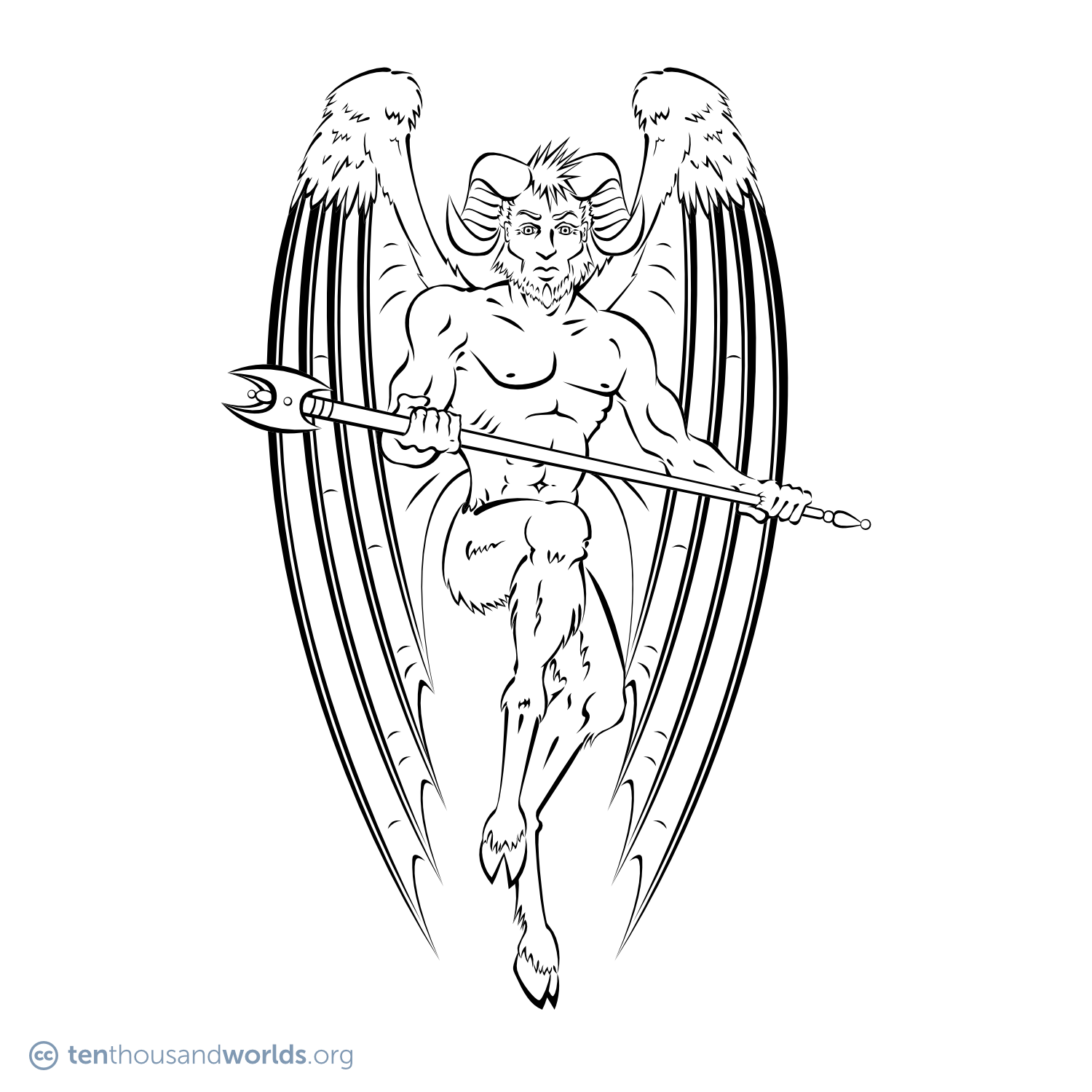 An ink outline of a creature with the upper body and head of a man, ram’s horns, the legs of a goat, and bat-like wings edged in feathers. He grips an elaborate staff.