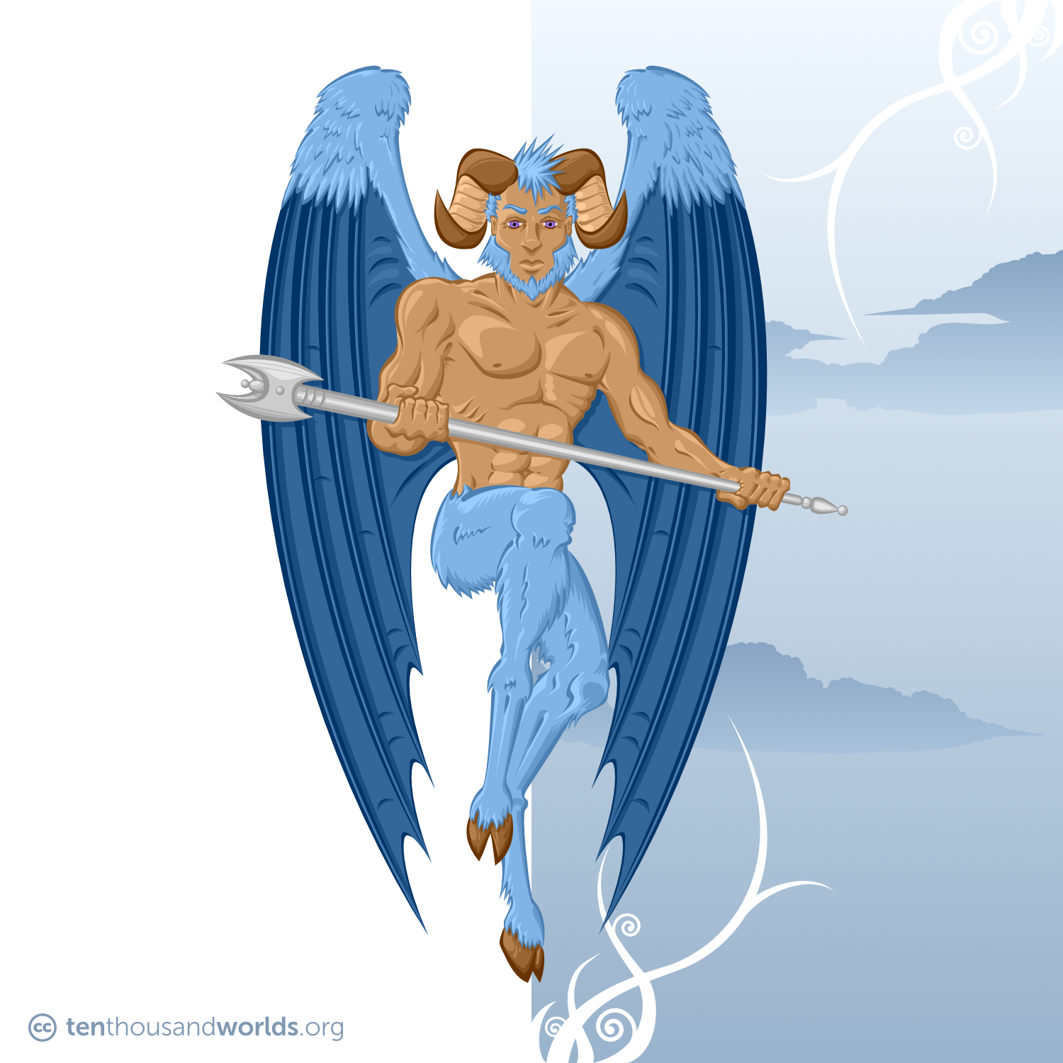 A creature with the brown upper body and head of a blue-haired man, ram’s horns, the blue-furred legs of a goat, and bat-like wings edged in blue feathers. He grips an elaborate silver staff.
