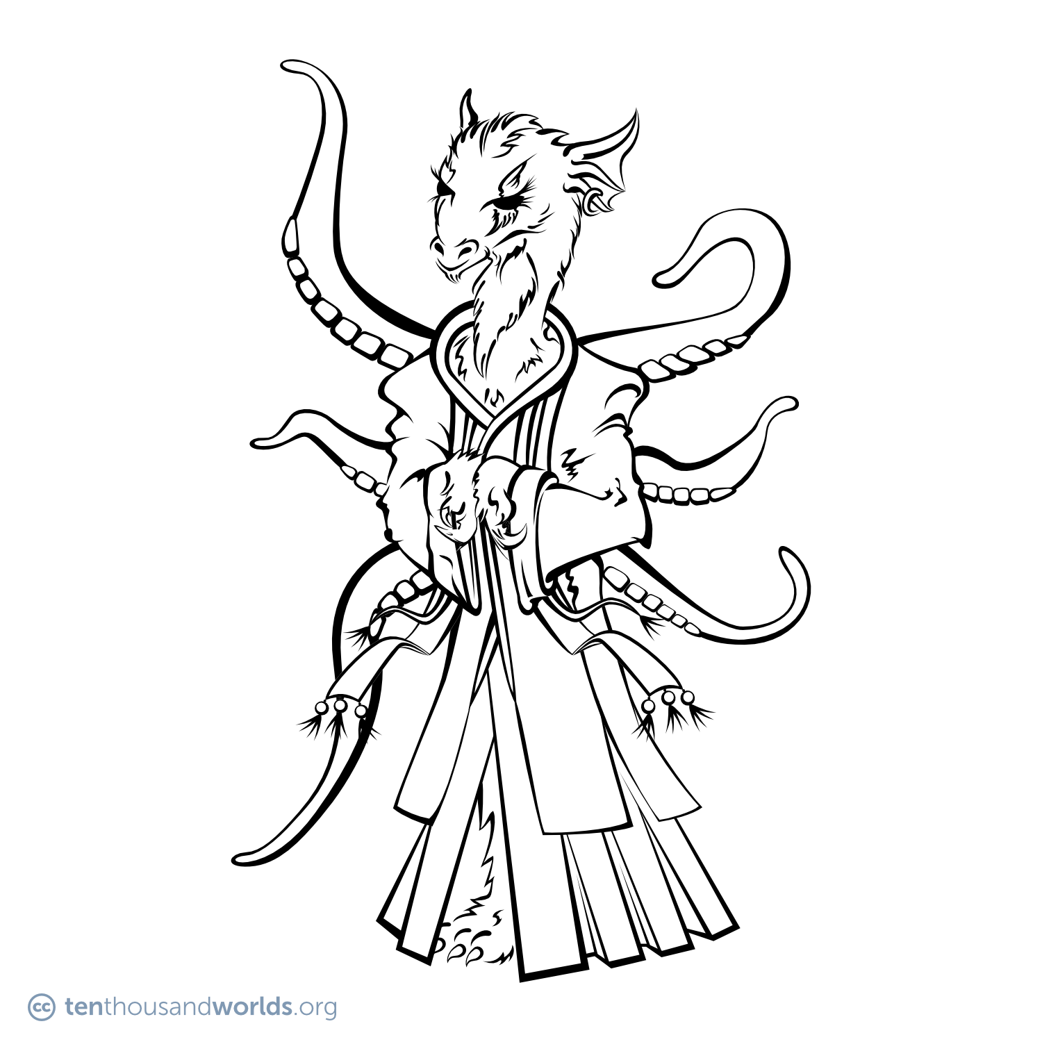 An ink outline of an upright, fuzzy being in robes and tasseled scarves, with an antelope-like head and neck, long lashes, large frilled reptilian ears, backward-curving fore-paws, and six tentacles coming out of its back.