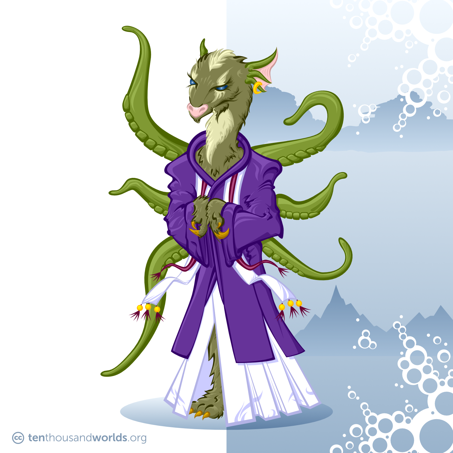 An upright, tan and cream fuzzy being in purple and white robes and gold-tasseled scarves, with an antelope-like head and neck, long lashes around cobalt-blue eyes, large frilled reptilian ears, backward-curving fore-paws, and six green tentacles coming out of its back.