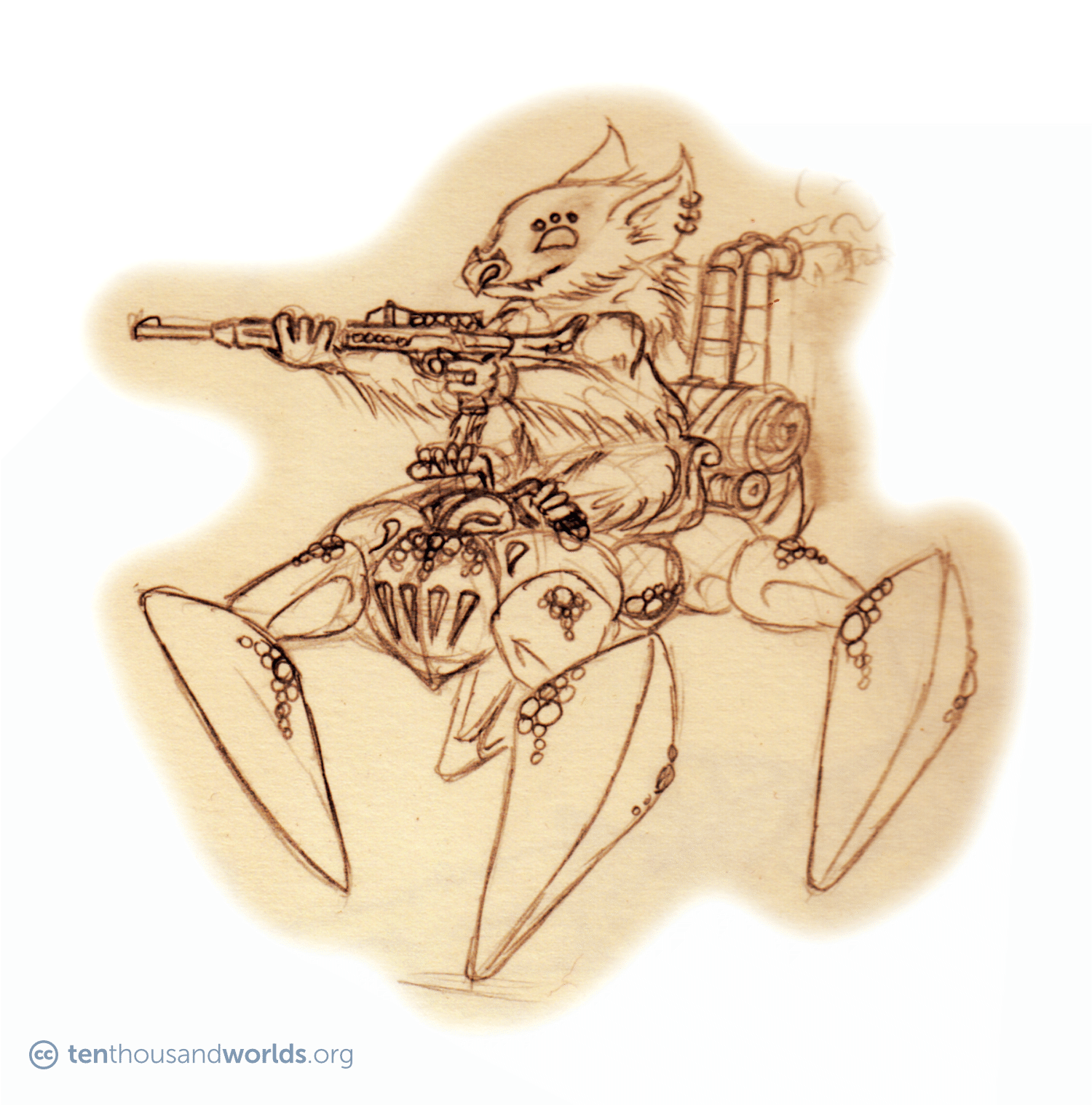 A pencil sketch of a creature like a long-furred koala with a bat-like face rides a four-legged insect-shaped machine, holding a rifle in its fore-paws and steering with its hind-paws.