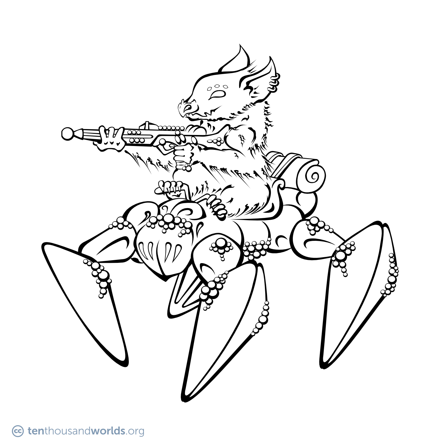 An ink outline of a creature like a long-furred koala with a bat-like face rides a four-legged insect-shaped machine, holding a rifle in its fore-paws and steering with its hind-paws.