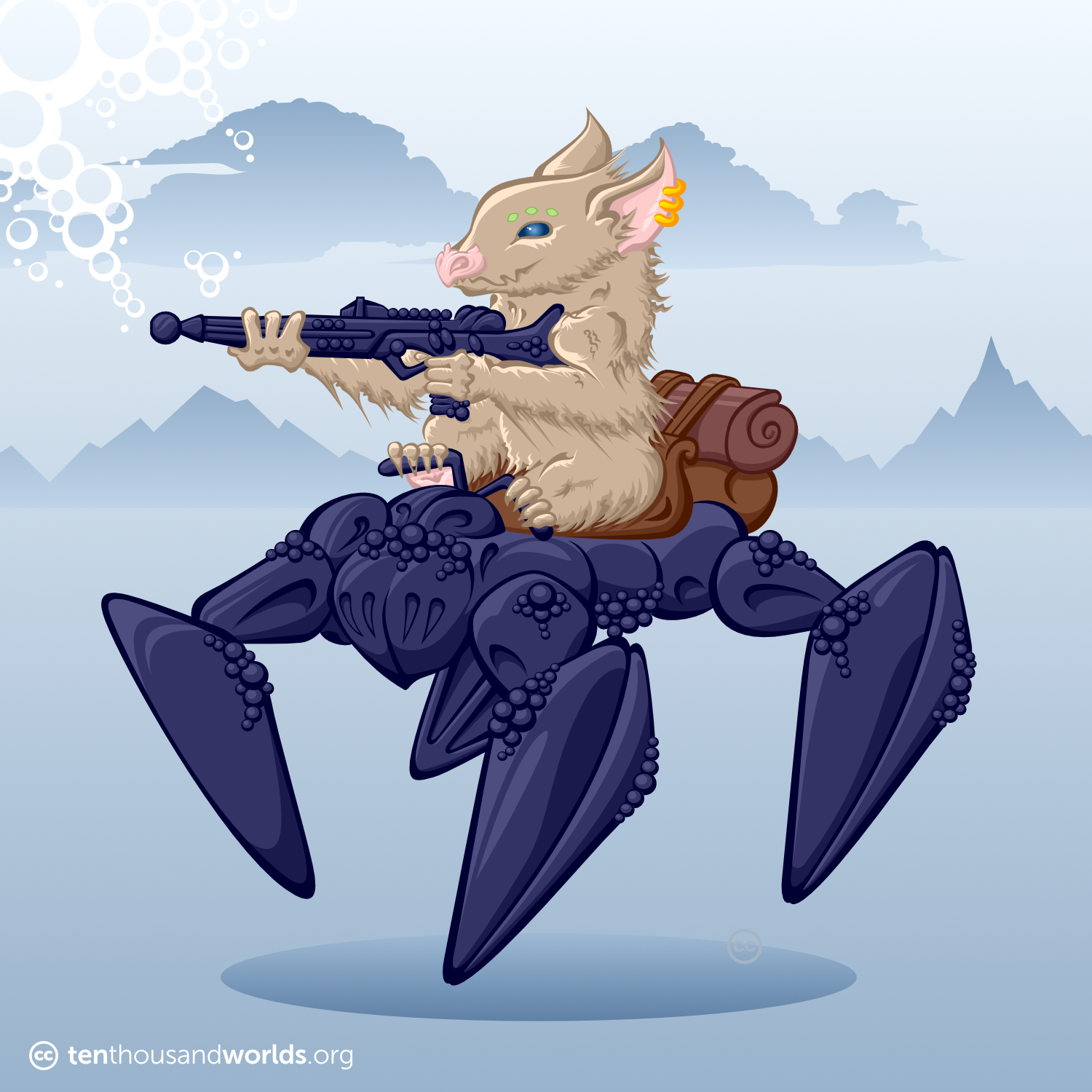 A creature like a tan, long-furred koala with a bat-like face rides a blue-black, four-legged insect-shaped machine; holding a blue-black rifle in its fore-paws and steering with its hind-paws.