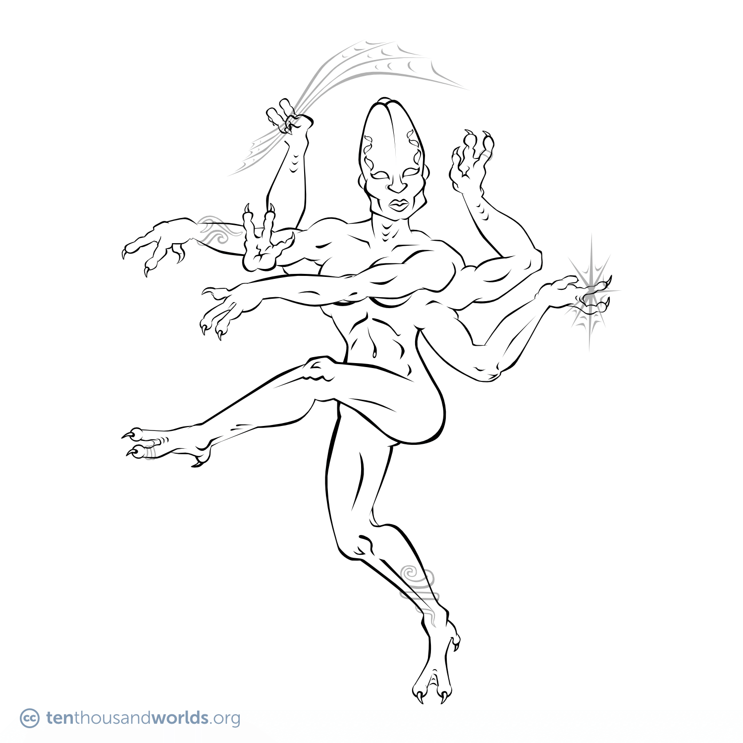 An ink outline of a muscular human-like creature with two legs and eight arms, all of which end in three clawed digits. Her beautiful, sculpted face has eight eyes that twist along the height of her tall, conical skull. She is adorned with bracelets, anklets, and rings on her digits and nose. One hand grips a curved sword, and another holds a throwing star, both made from what appear to be stiffened spider webs.