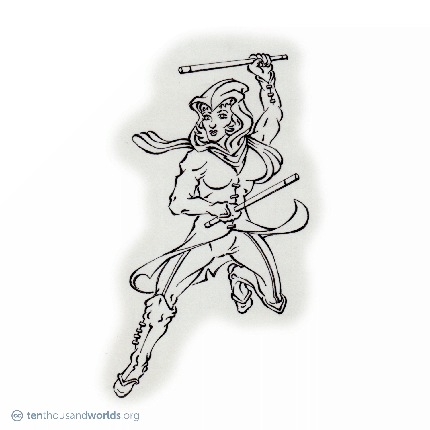 An ink outline of a woman wearing a hooded coat, trousers, gaiters, and a scarf, whirling in combat wielding a pair of battle staves.