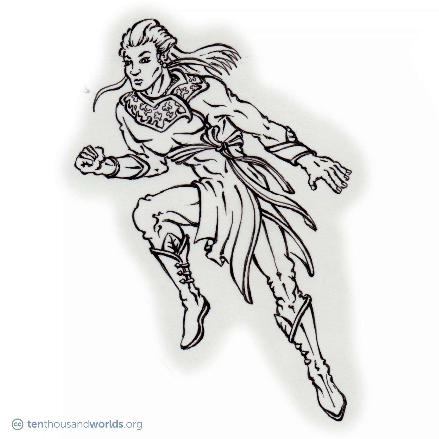 An ink outline of a human-like being with long flowing hair and pointed ears, wearing clothes decorated in plant motifs, leaping into action.