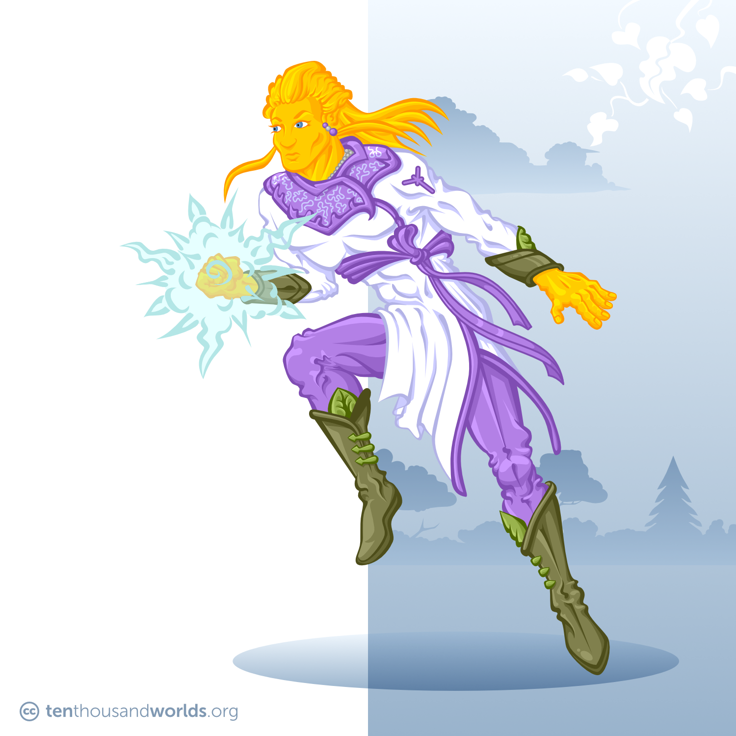 A human-like being with golden skin, long flowing hair, and pointed ears, wearing violet and white clothes decorated in plant motifs, leaping into action while holding a crackling ball of mystic power in one first.