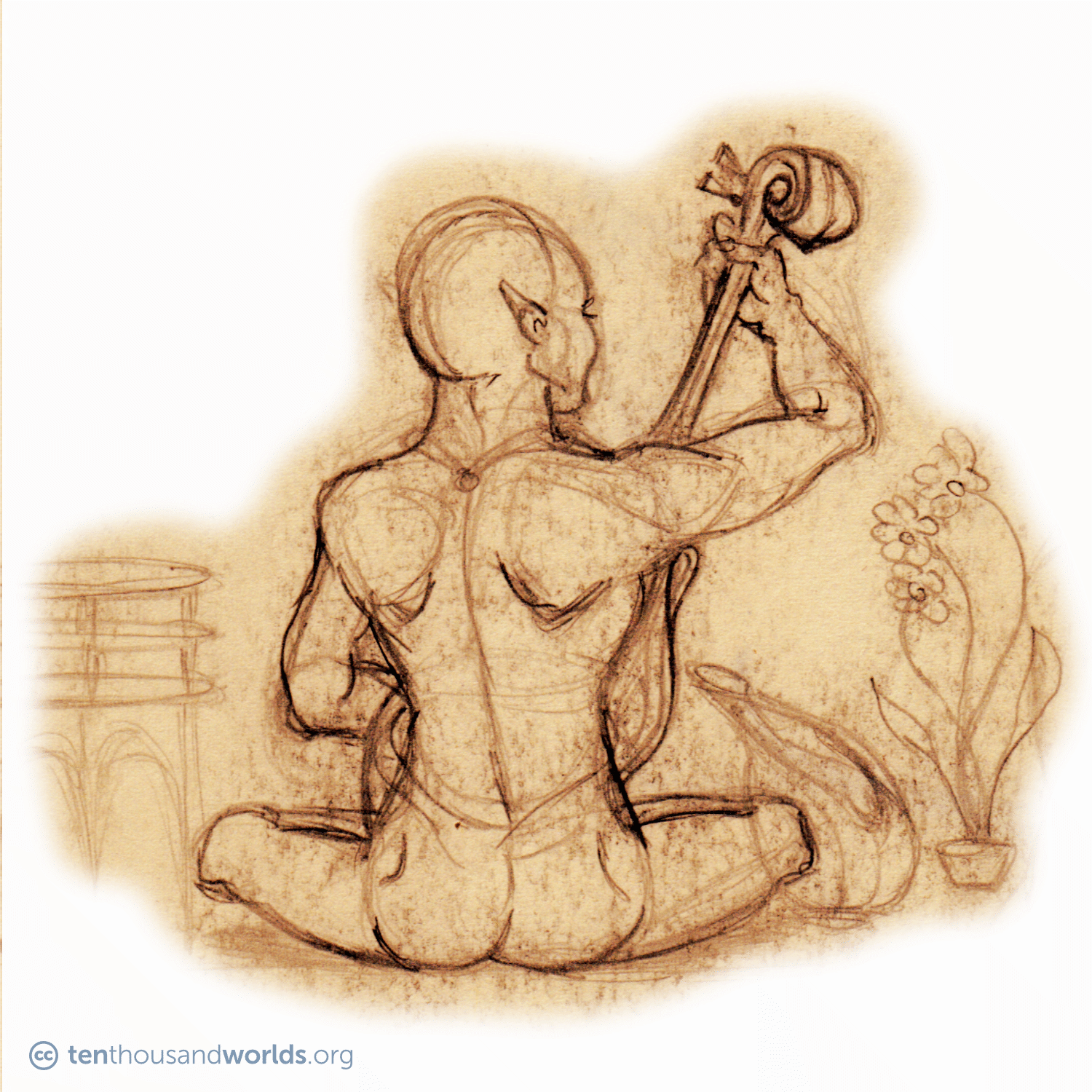 A pencil sketch. Approached from behind: a human-like being with pointed ears and a hairless head, sitting cross-legged in loose robes, playing a lute-like instrument.