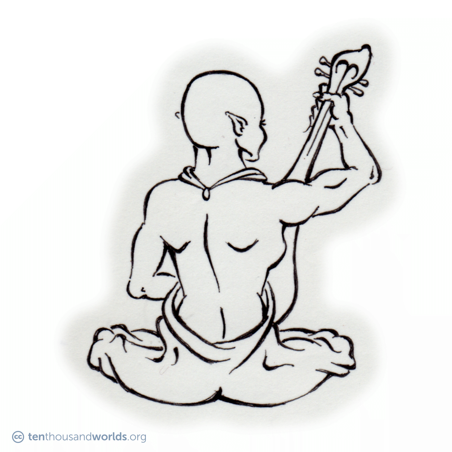 An ink outline. Approached from behind: a human-like being with pointed ears and a hairless head, sitting cross-legged in loose robes, playing a lute-like instrument.
