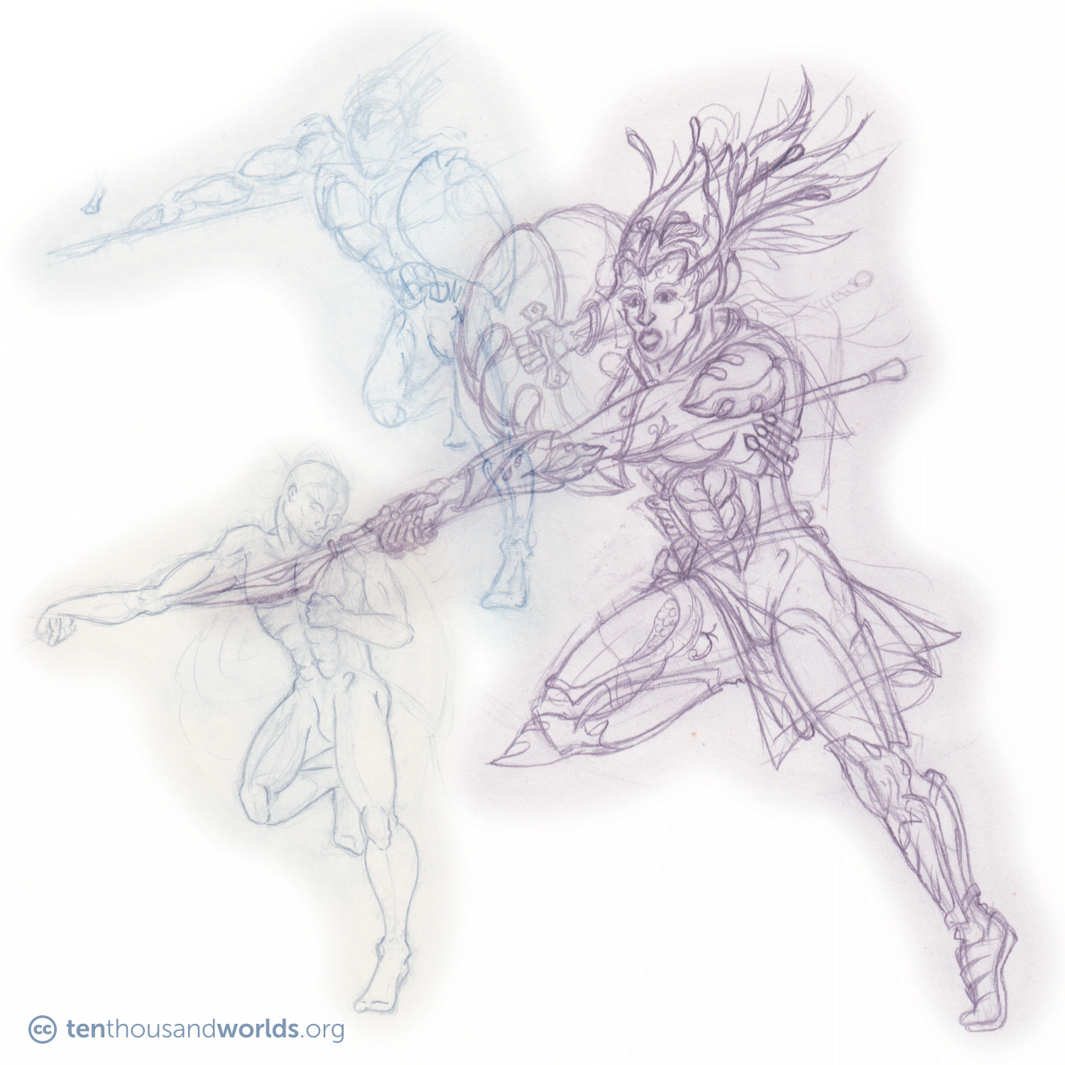 Multiple overlapping alternate pencil sketches of a charging warrior holding a spear and shield.