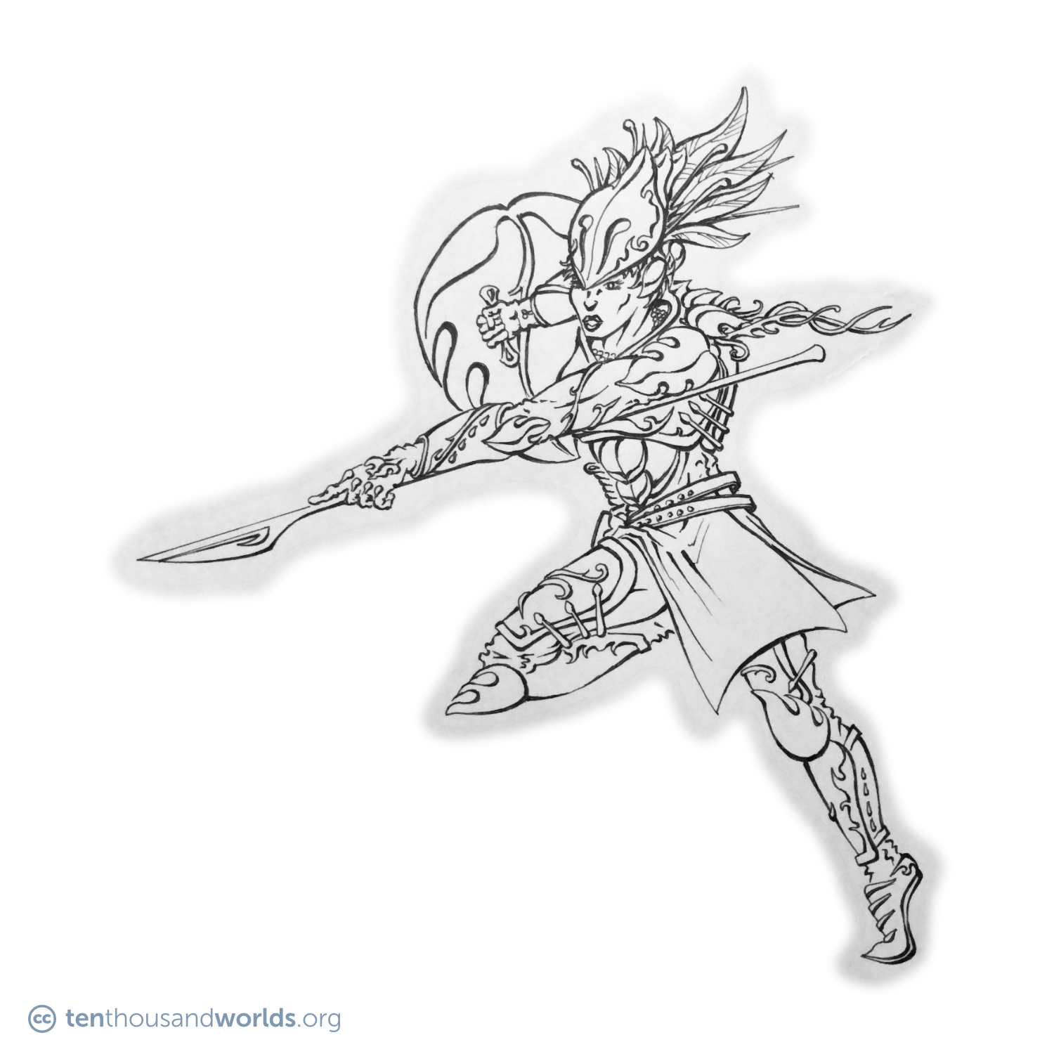 An ink outline of a charging warrior holding a shield and spear, in a feathered helmet and armor adorned with leaf and vine designs.